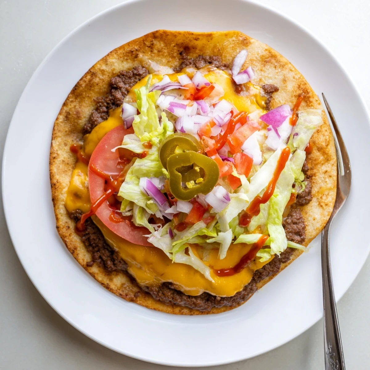 Hot from skillet Cheesy Smash Tacos Recipe with melted cheddar and spicy sauce