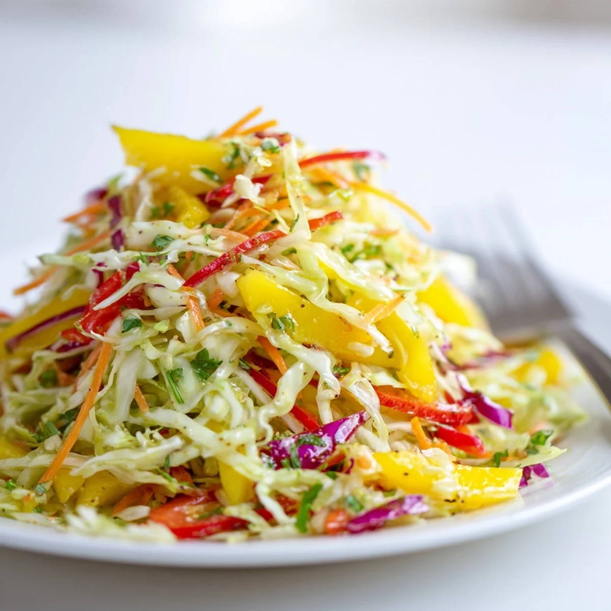 Chilled Mango Cabbage Citrus Slaw topped with cilantro, bright lime-orange dressing