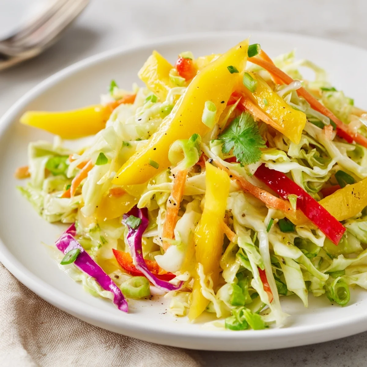 Colorful Mango Cabbage Citrus Slaw beside grilled fish, crunchy, sweet, tangy bite