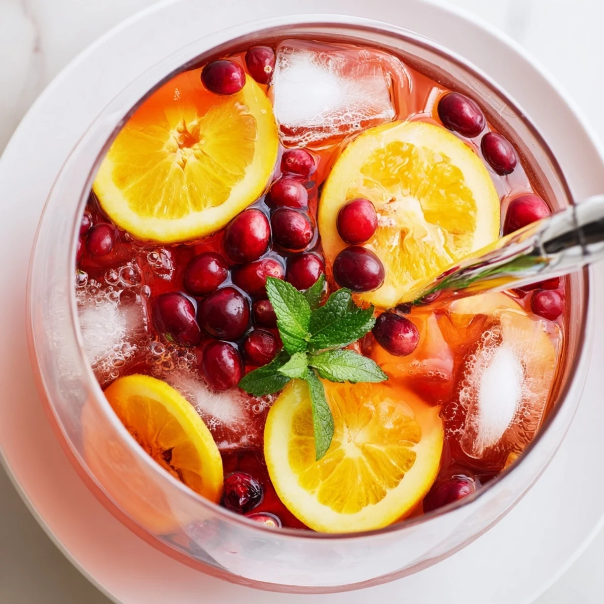 Christmas Punch shimmering with citrus and cranberry, garnished with mint sprigs