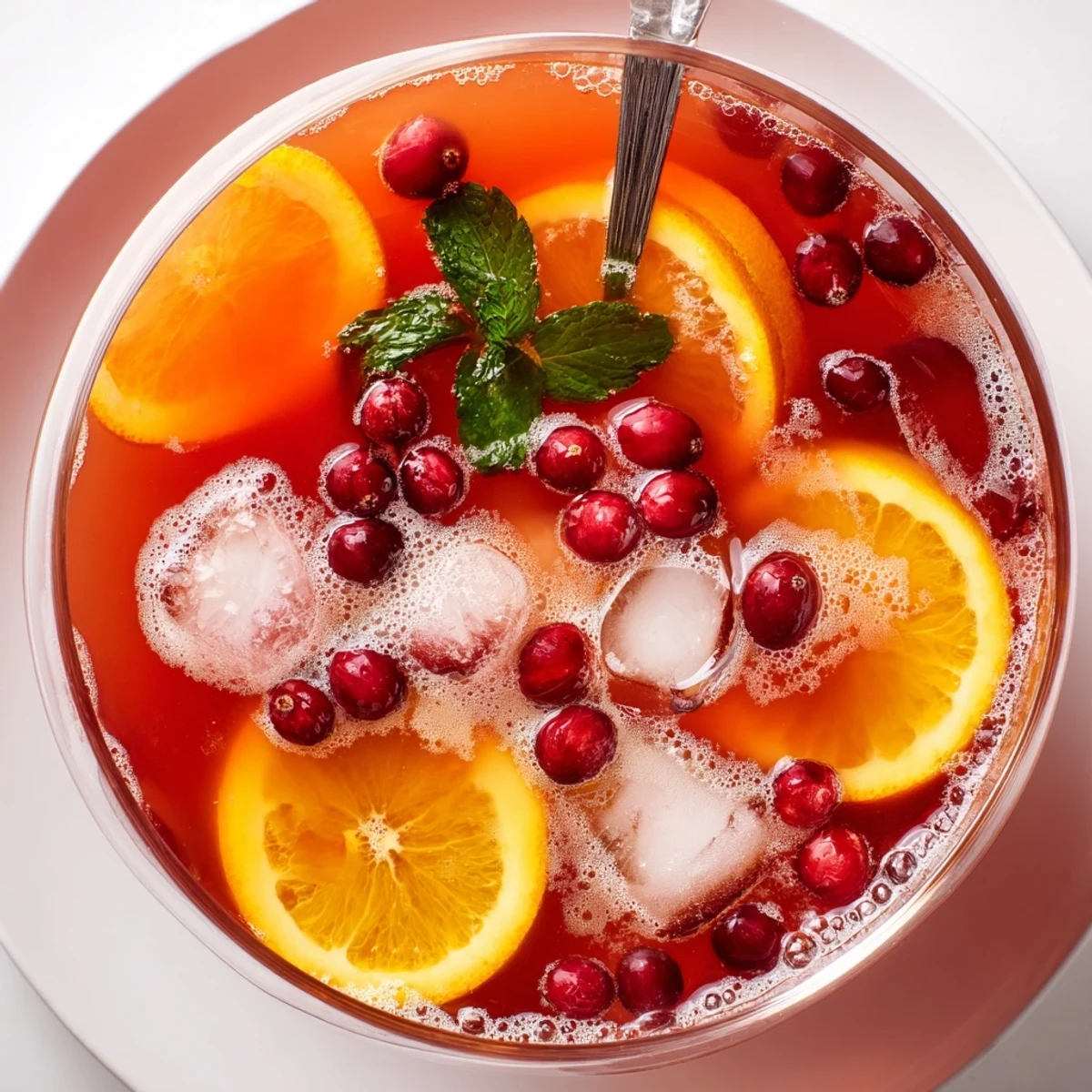 Festive Christmas Punch fizzing with ginger ale, cranberries and lemon slices