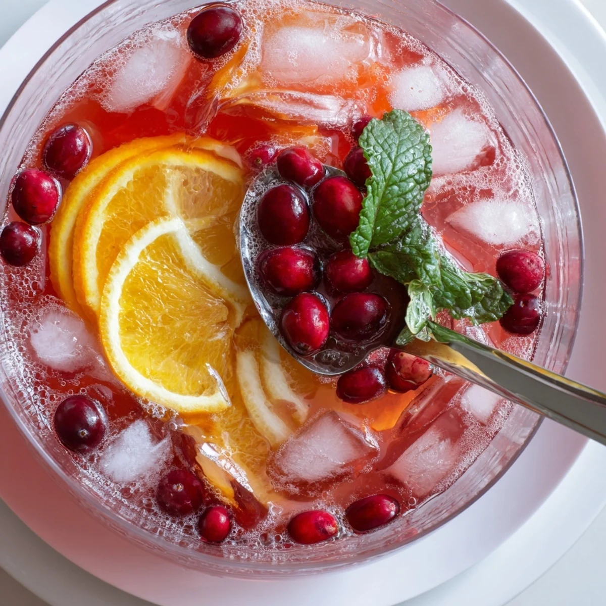 Large bowl of Christmas Punch iced and ladled, orange slices floating