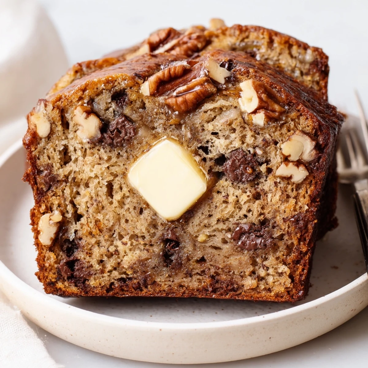 Banana Bread loaf with golden crust, steaming slice topped with butter