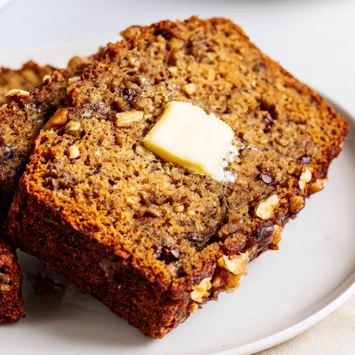 Sliced Banana Bread on wire rack, warm aroma, walnuts scattered nearby