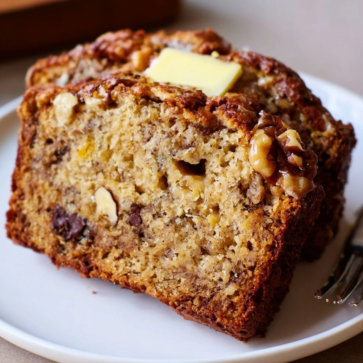 Moist Banana Bread studded with chocolate chips, served for breakfast with coffee