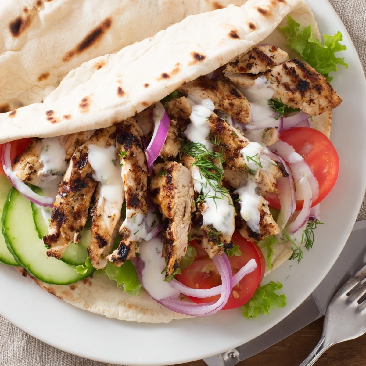 Savory Grilled Chicken Gyros With Creamy Garlic Sauce, charred strips and warm pita