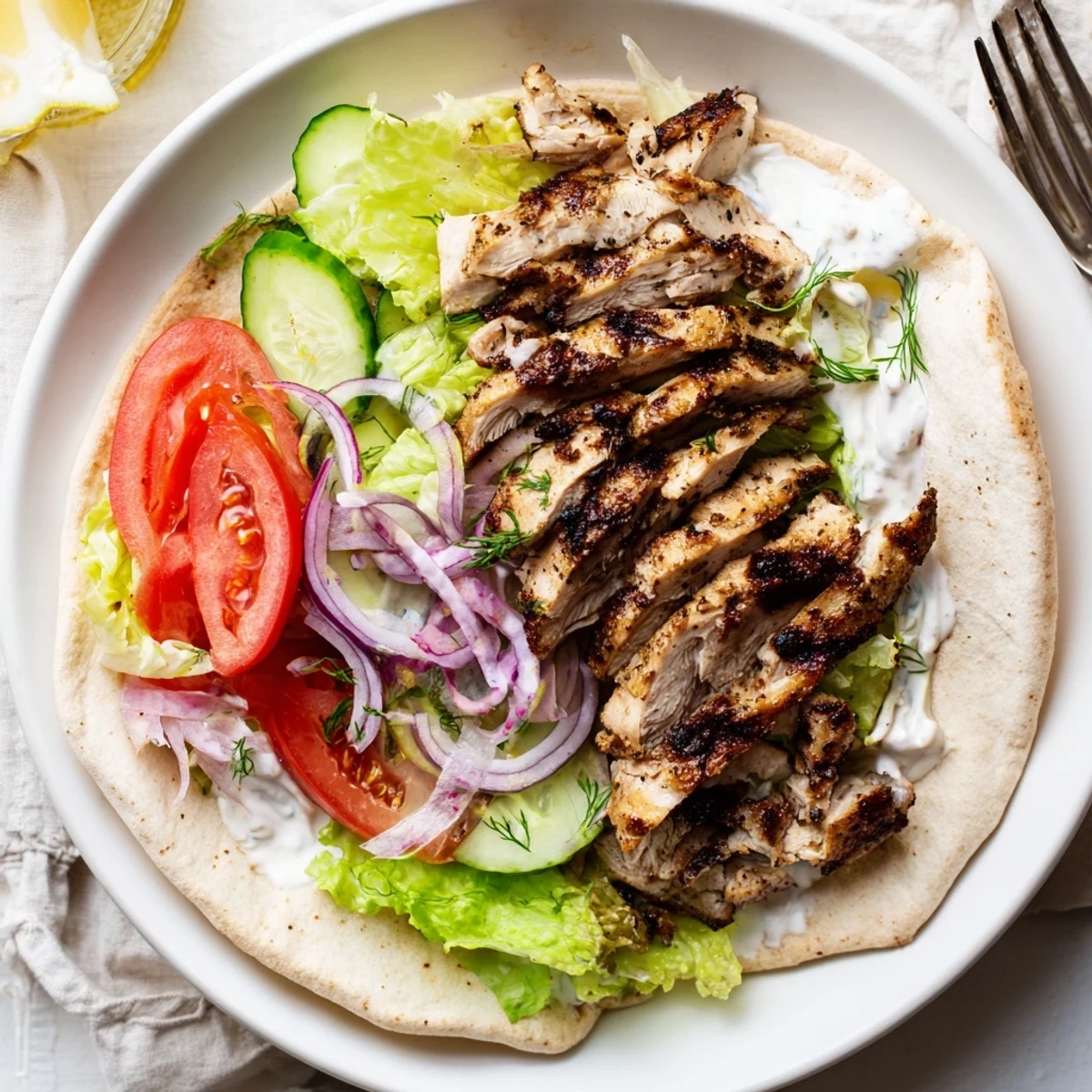 Savory Grilled Chicken Gyros With Creamy Garlic Sauce piled with crisp tomato and cucumber