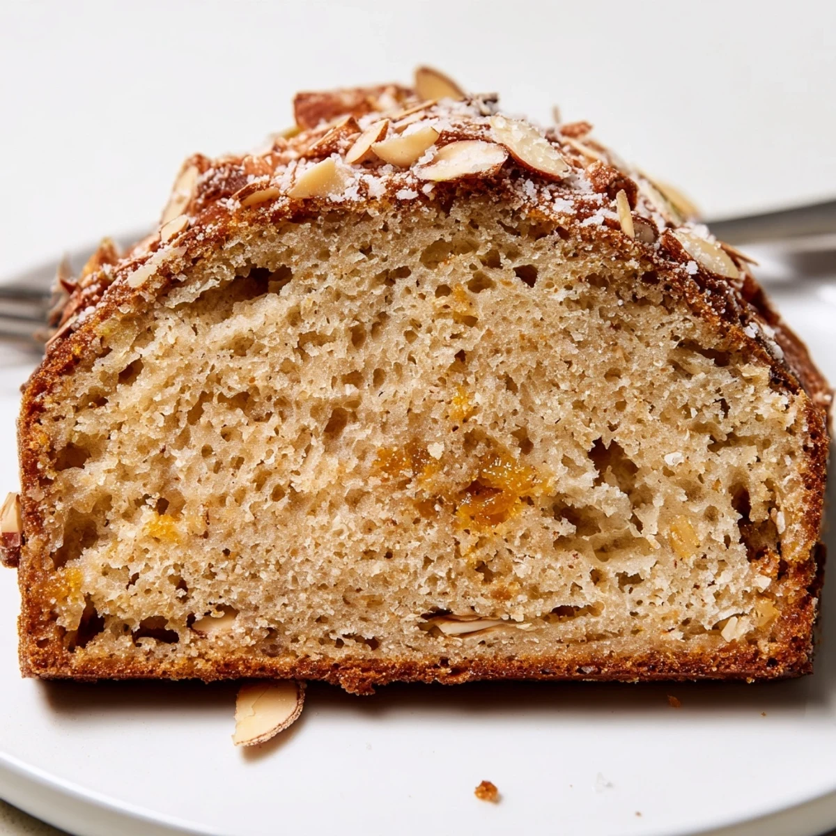 Warm loaf of Gluten Free Orange Cardamom Bread topped with toasted almonds