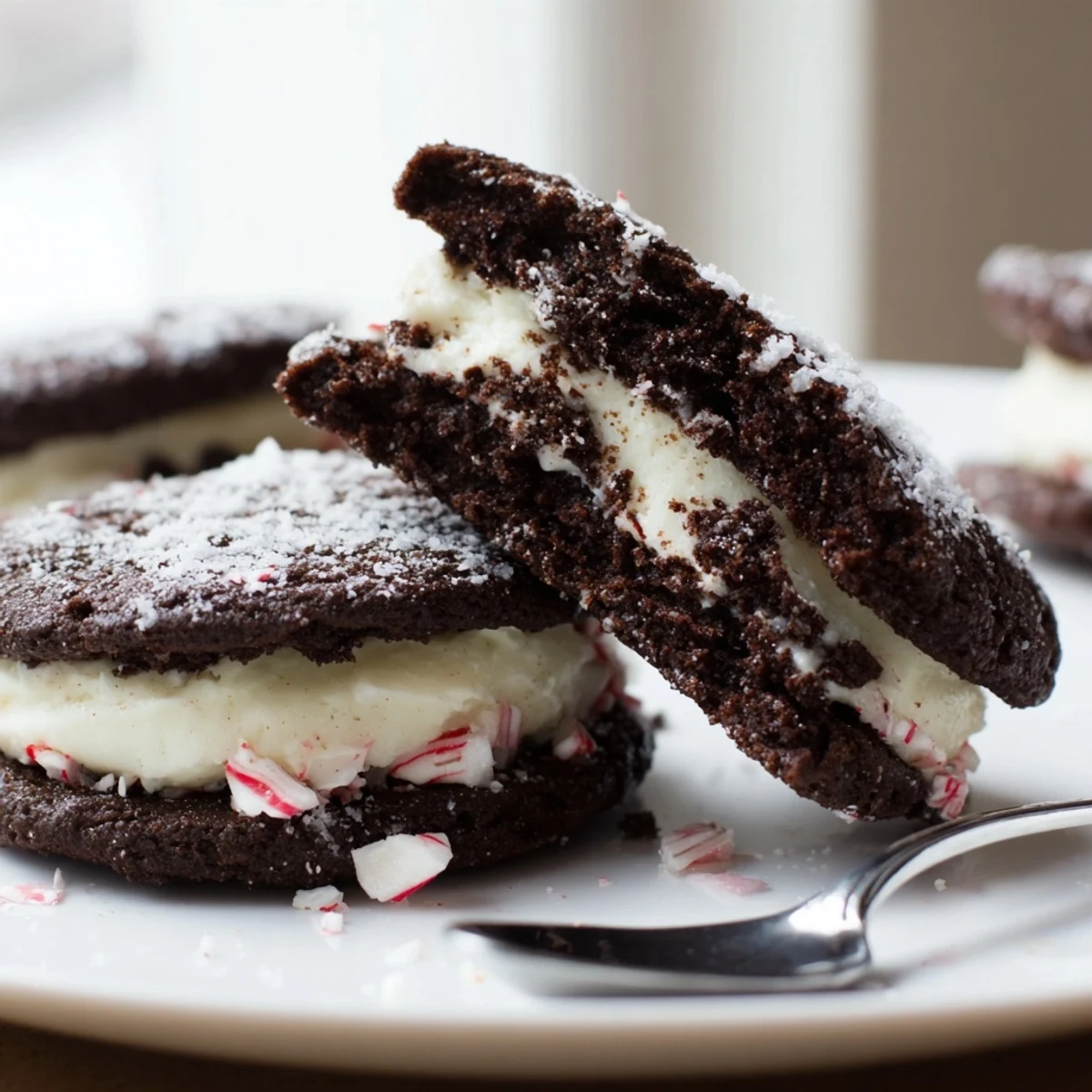 Chocolate Peppermint Sandwich Cookies stacked on a plate, glossy peppermint cream peeking