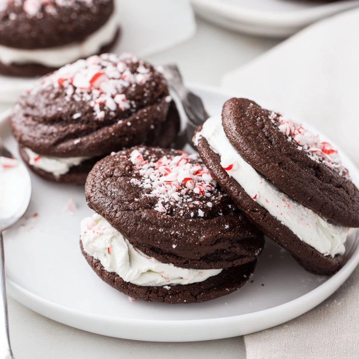 Warm Chocolate Peppermint Sandwich Cookies cooling on a rack, specks of crushed candy