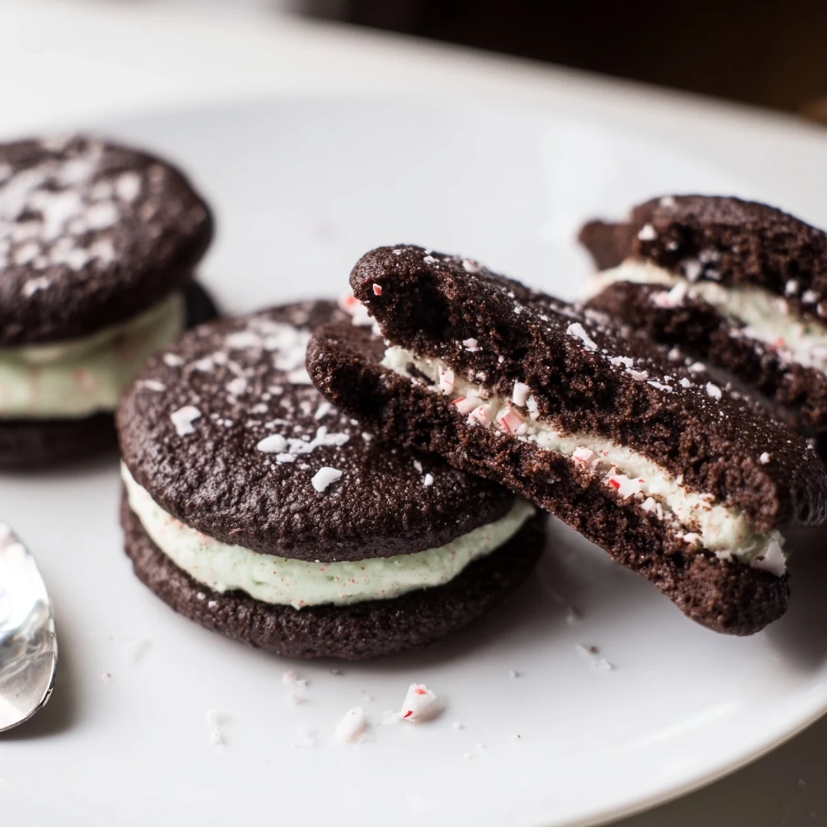 Homemade Chocolate Peppermint Sandwich Cookies with creamy mint filling, perfect holiday treat
