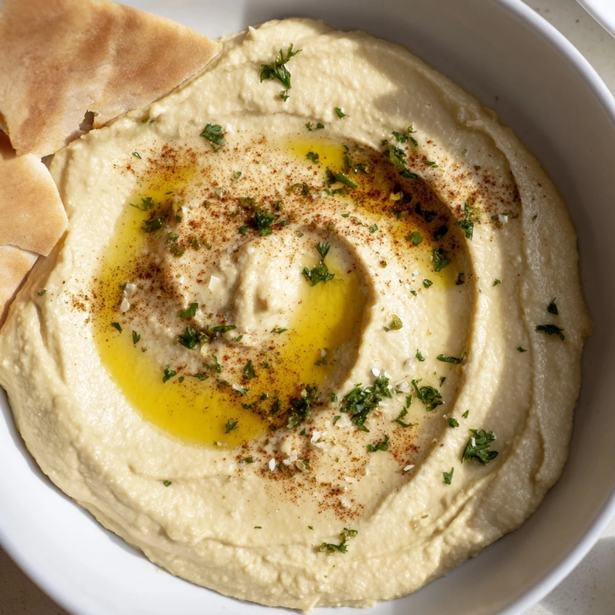 Bowl of Smooth Hummus swirled, olive oil glistening, paprika dusted