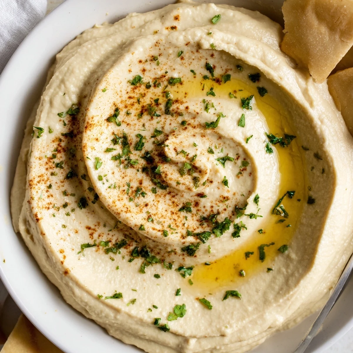 Creamy Smooth Hummus drizzled with extra virgin olive oil, sprinkled parsley