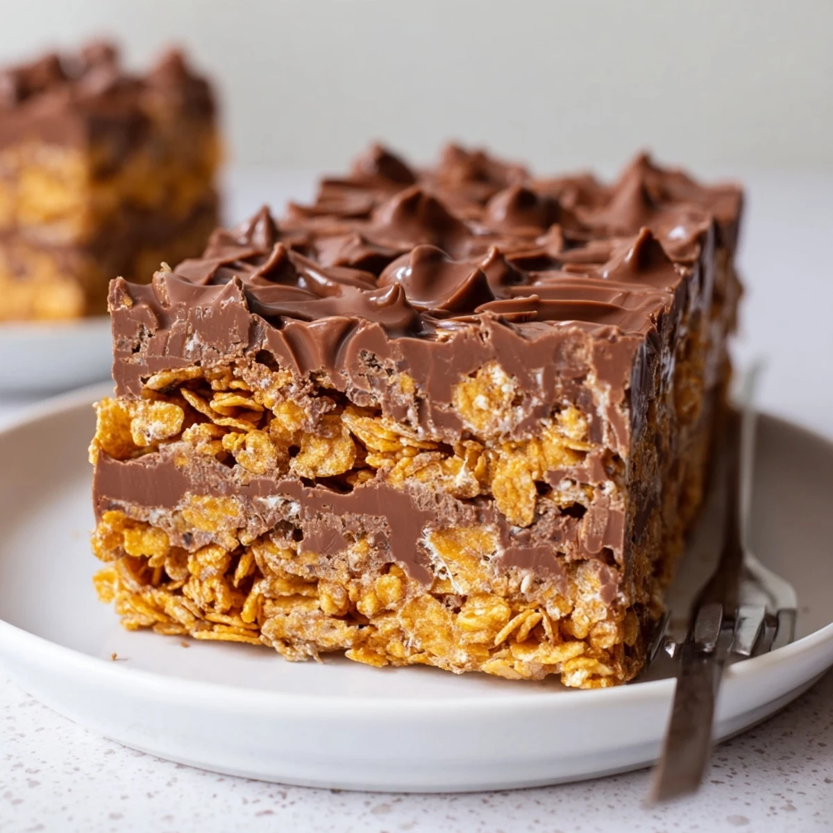 A plate of Cornflake Chocolate Fudge Bars chilled, cut into squares.