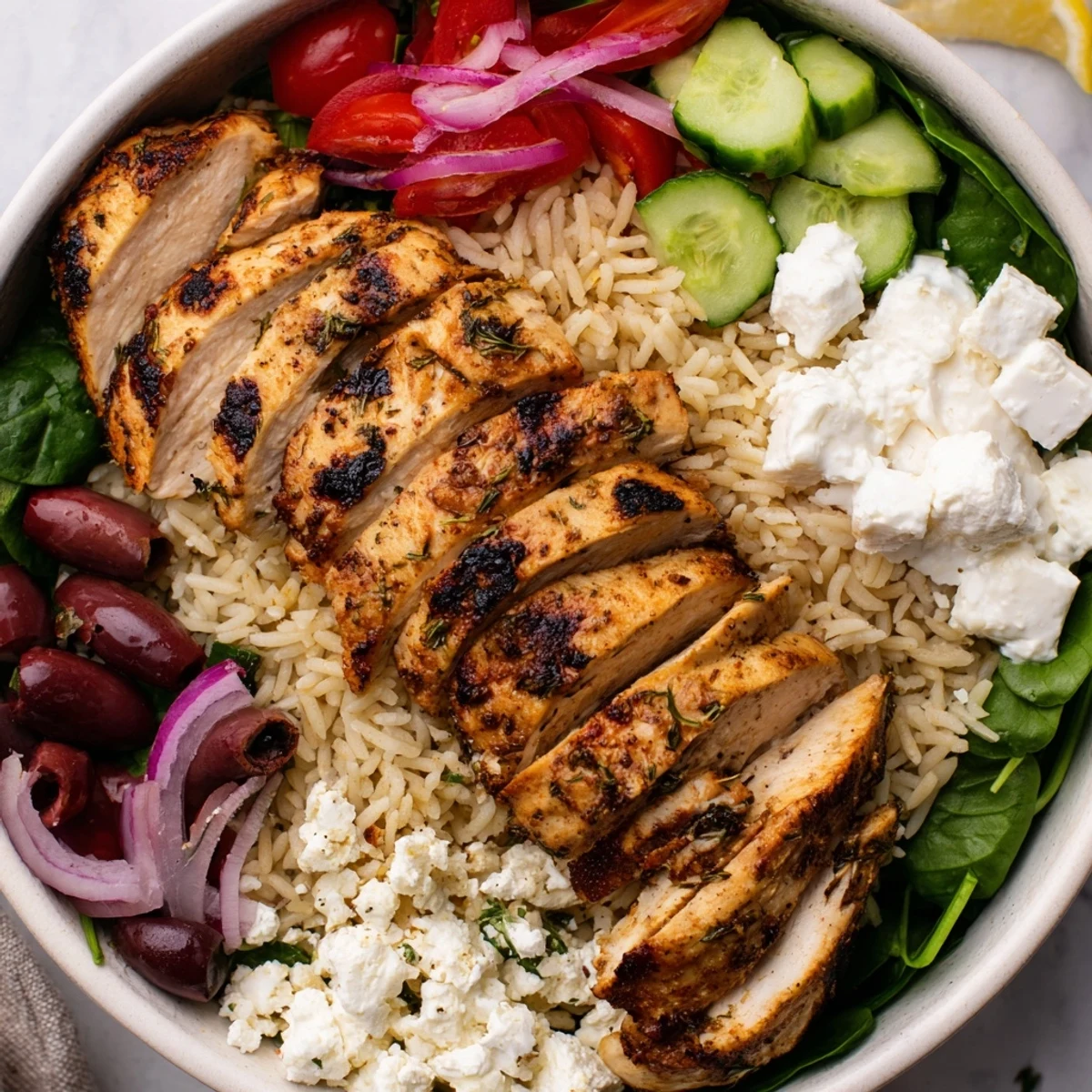Mediterranean Chicken Bowl with juicy grilled chicken, tangy tzatziki, and herbed rice