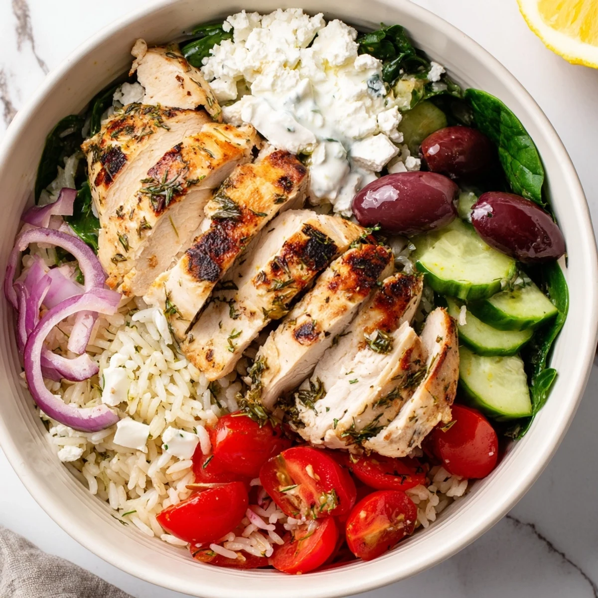 Bright Mediterranean Chicken Bowl layered with crisp cucumber, feta, olives, and lemon
