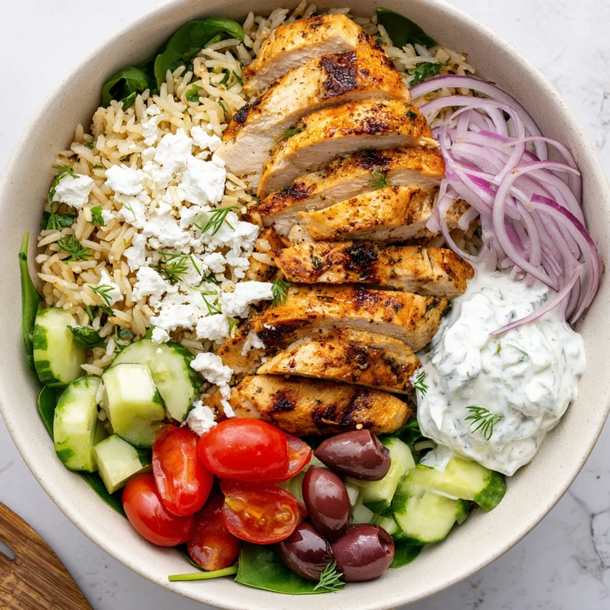 Weeknight Mediterranean Chicken Bowl served warm over fluffy jasmine rice, garnished parsley