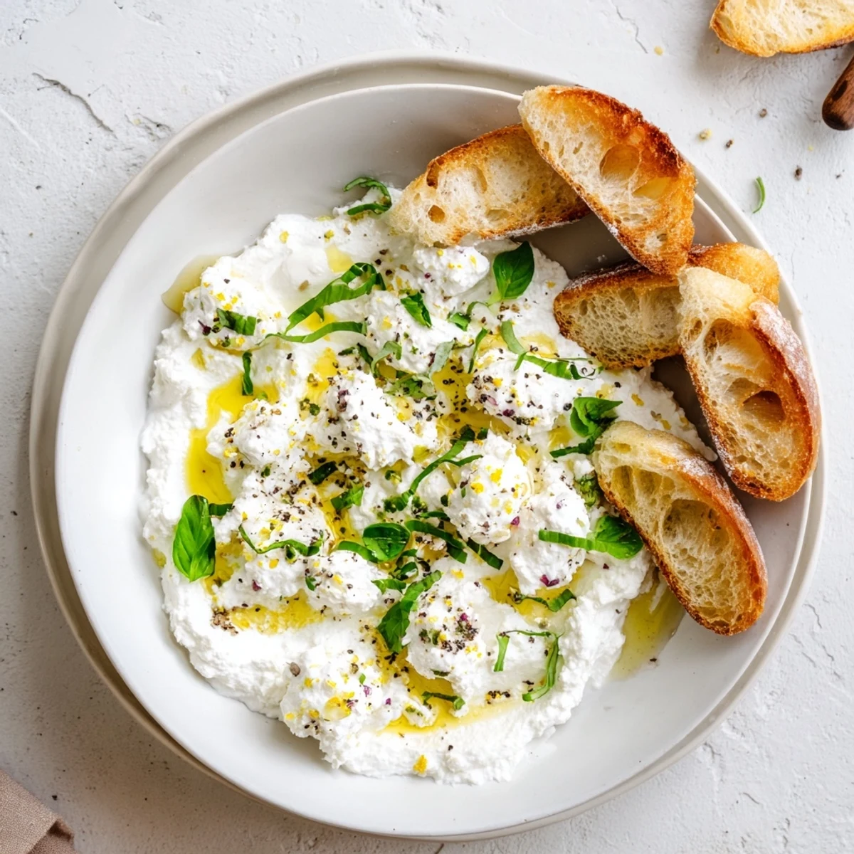 Creamy whipped ricotta spread drizzled with honey and fresh herbs served on wooden board