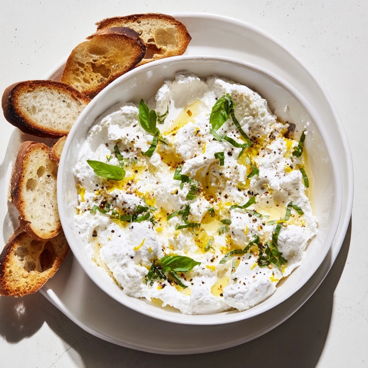Fluffy ricotta cheese appetizer topped with lemon zest and black pepper alongside toasted crostini