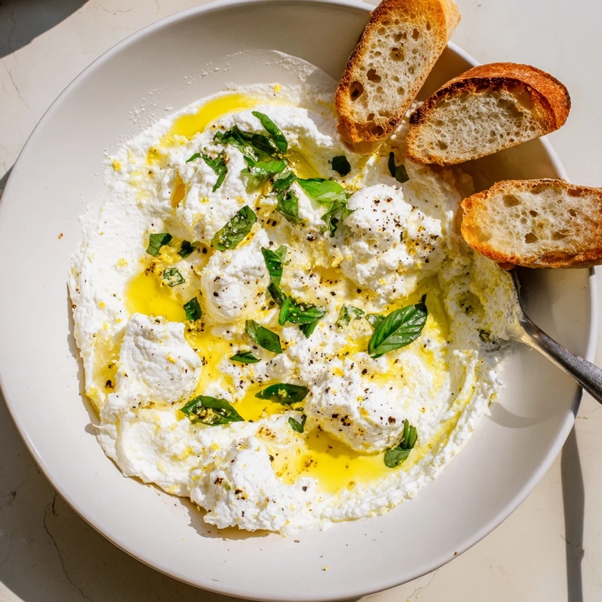 Light and airy whipped ricotta bowl garnished with olive oil and basil for dipping