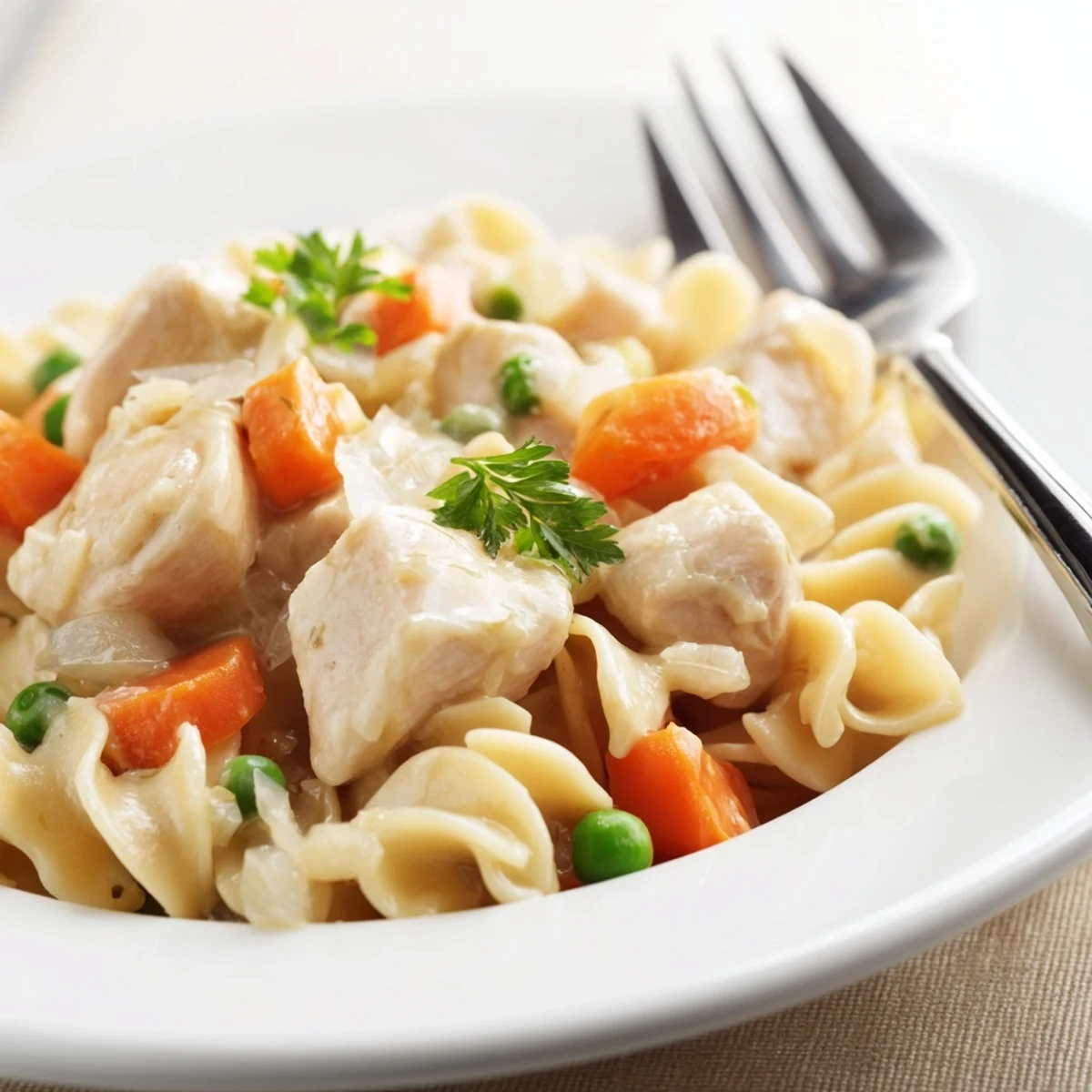 Golden one pot chicken and noodles simmering in a rich broth with tender vegetables and egg noodles