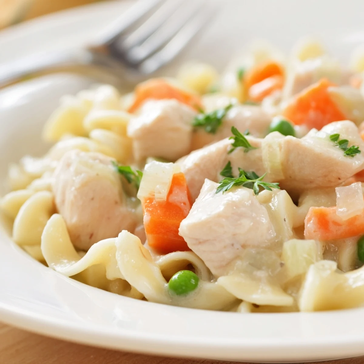 Comforting one pot chicken and noodles served steaming hot with peas, celery, and savory herbs in a single Dutch oven