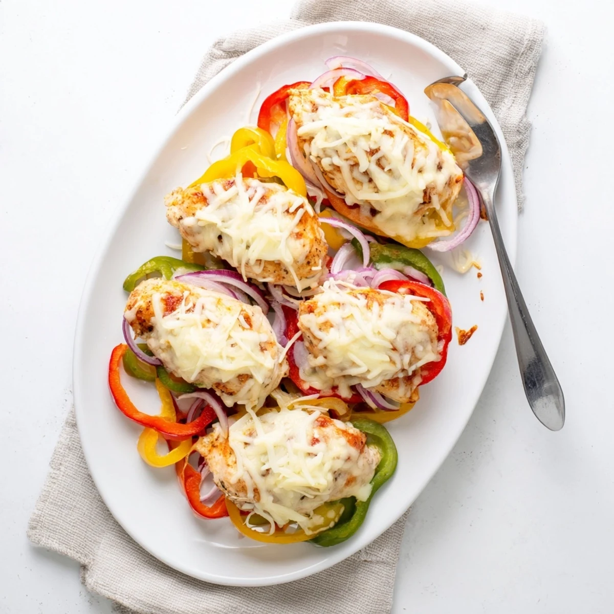 Golden bubbly cheesy baked chicken breast resting atop colorful red and yellow bell peppers