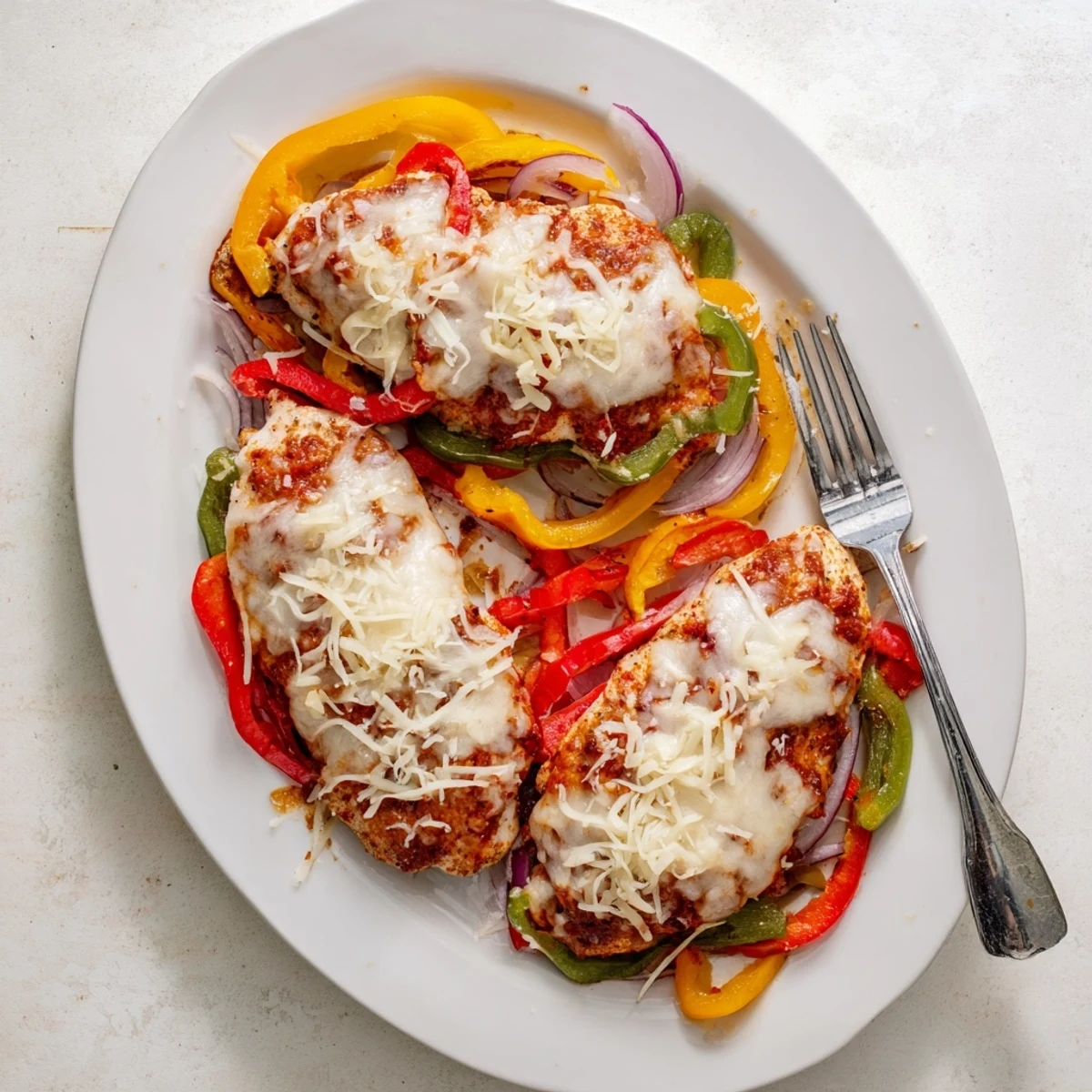Tender chicken breasts with melted mozzarella and parmesan baked alongside vibrant sliced bell peppers