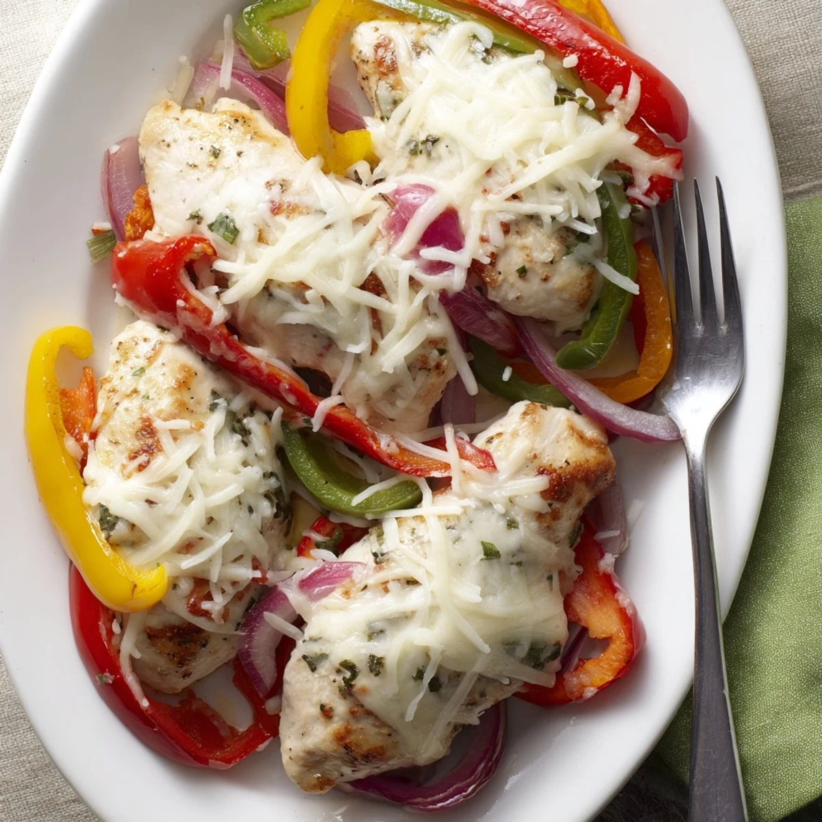 Comforting cheesy baked chicken breast dish with colorful peppers and golden melted cheese topping