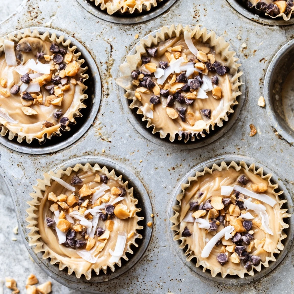 Frozen peanut butter Greek yogurt bites topped with chocolate chips in a muffin tin