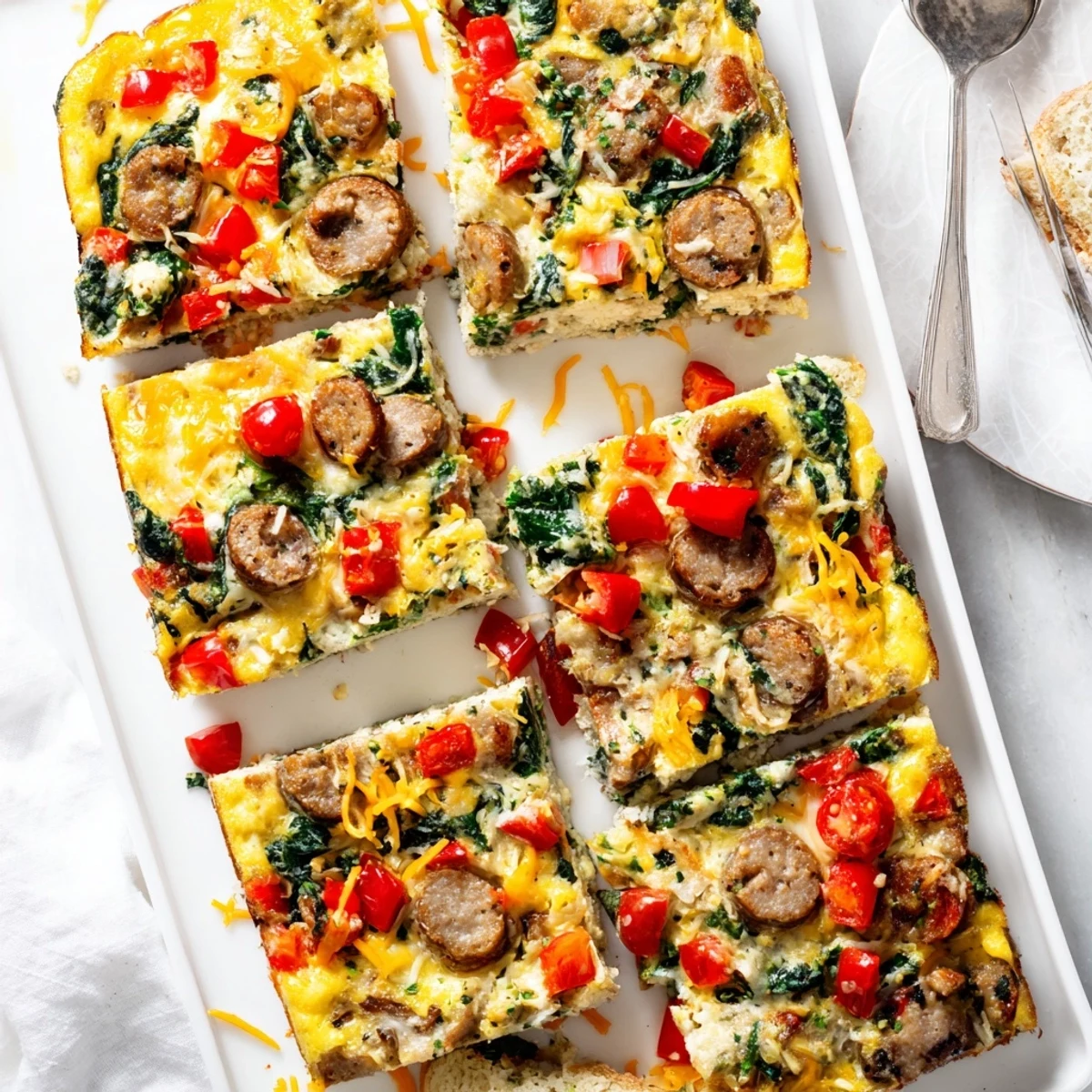Golden brown high protein egg casserole with melted cheddar, colorful peppers, and spinach