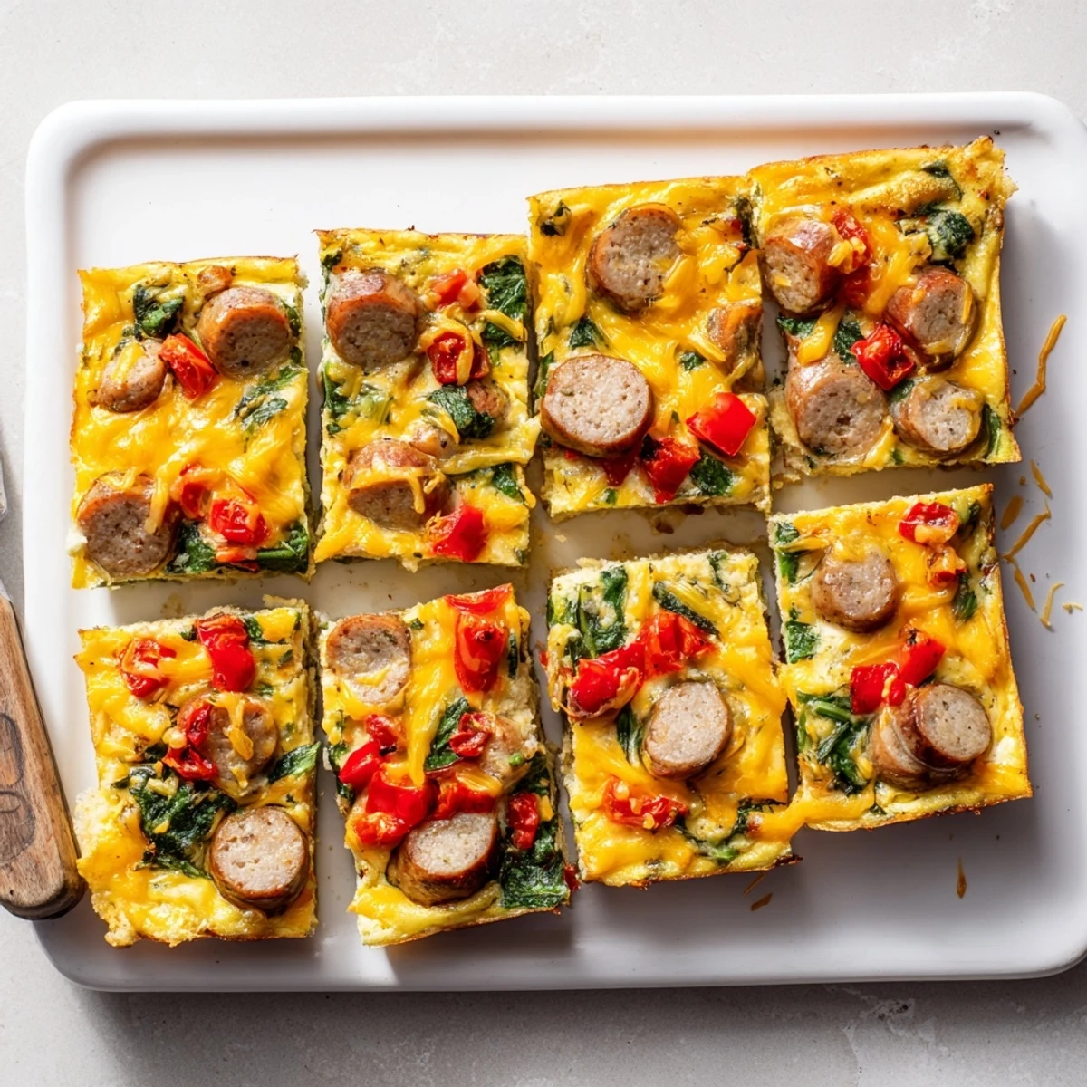 Sliced high protein egg casserole breakfast dish featuring turkey sausage and cherry tomatoes