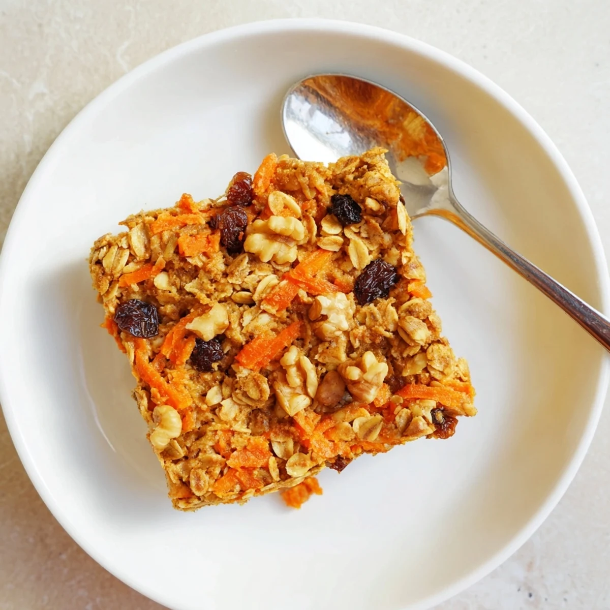 Warm slice of carrot cake baked oatmeal served with creamy Greek yogurt and fresh fruit