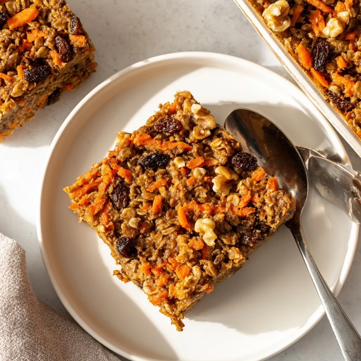 Spiced carrot cake baked oatmeal with grated carrot specks and a sprinkle of coconut flakes