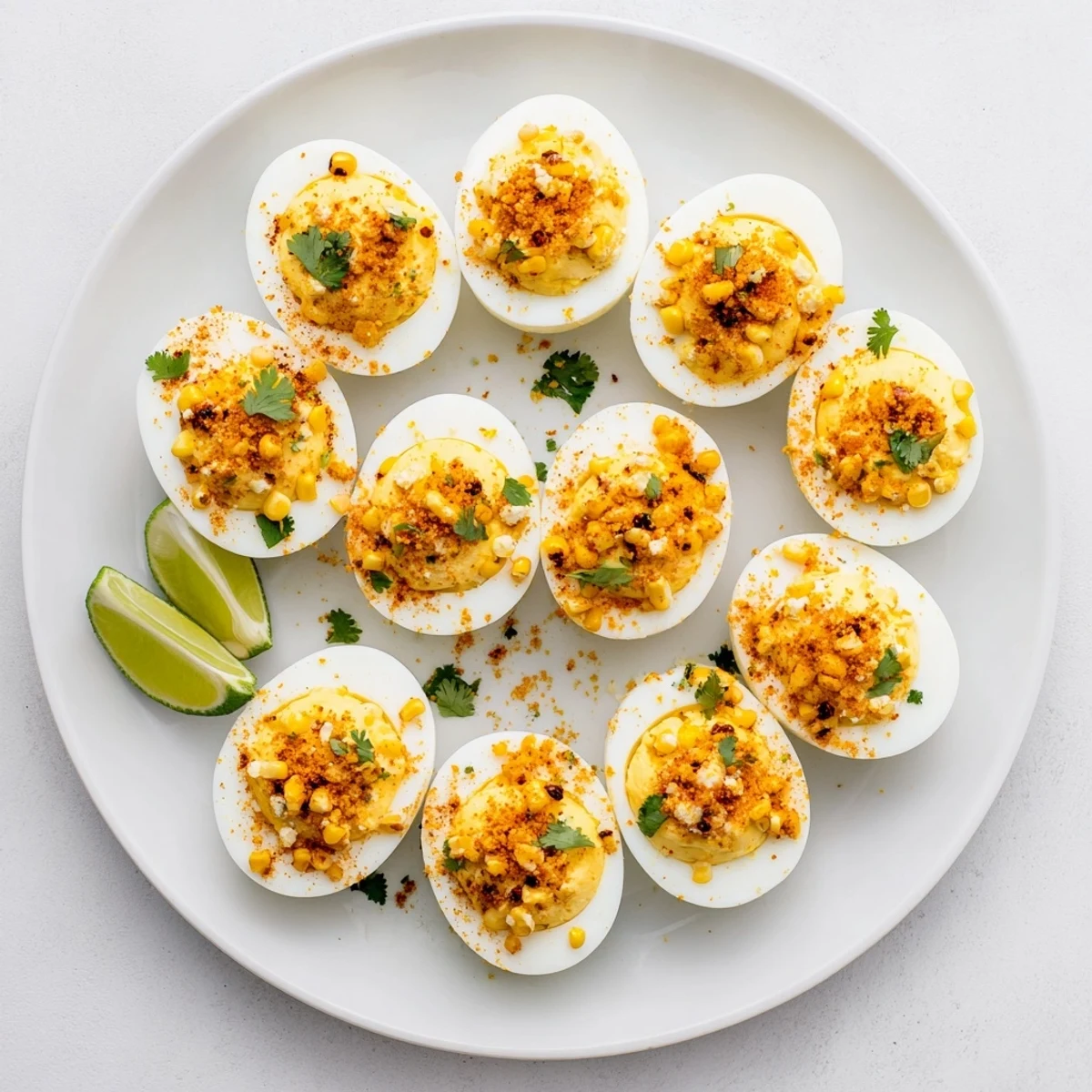 Mexican Street Corn Deviled Eggs featuring golden egg halves topped with charred corn, crumbly cotija cheese, and fresh cilantro garnish.