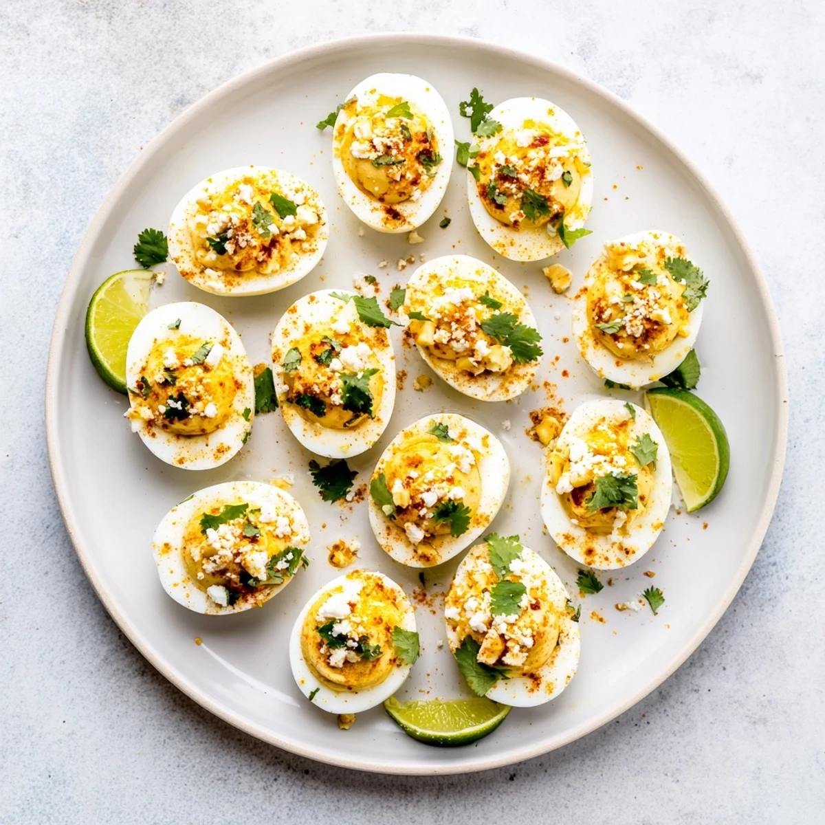 Zesty Mexican Street Corn Deviled Eggs piping with smoky corn filling, sprinkled with white cotija crumbles and vibrant green cilantro.