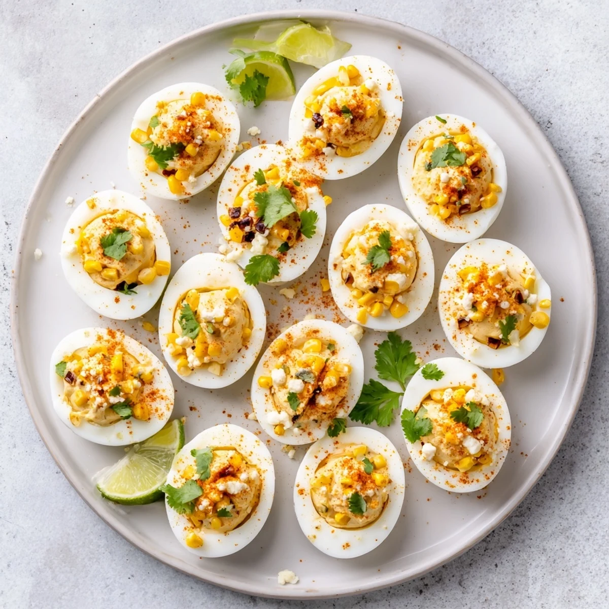 Creamy Mexican Street Corn Deviled Eggs arranged on a platter with chili powder dusting and lime wedges on the side.