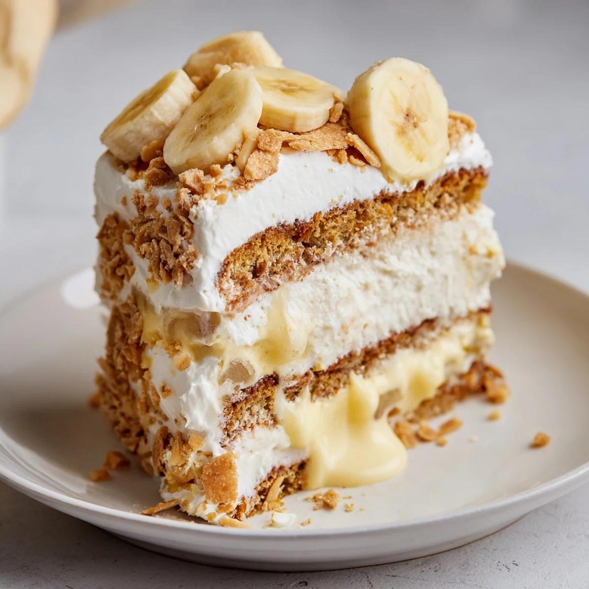 Southern-style banana pudding cake stacked with creamy pudding, fresh sliced bananas and buttery vanilla wafer crumbs