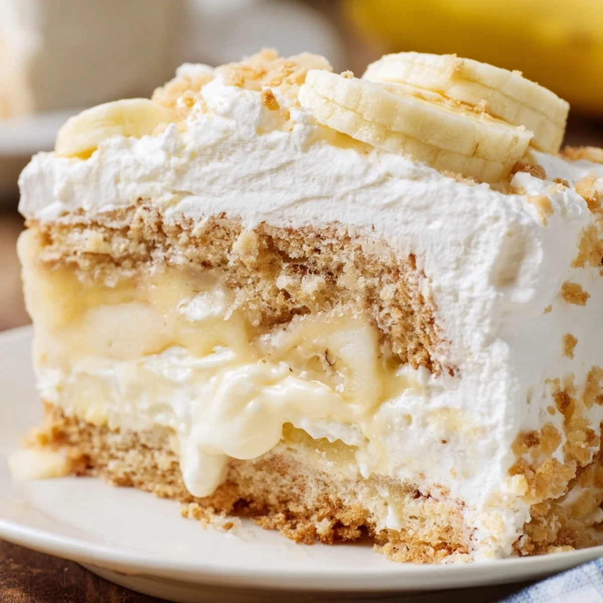 Banana pudding cake with moist layers, vanilla pudding filling, whipped cream topping and crushed vanilla wafers
