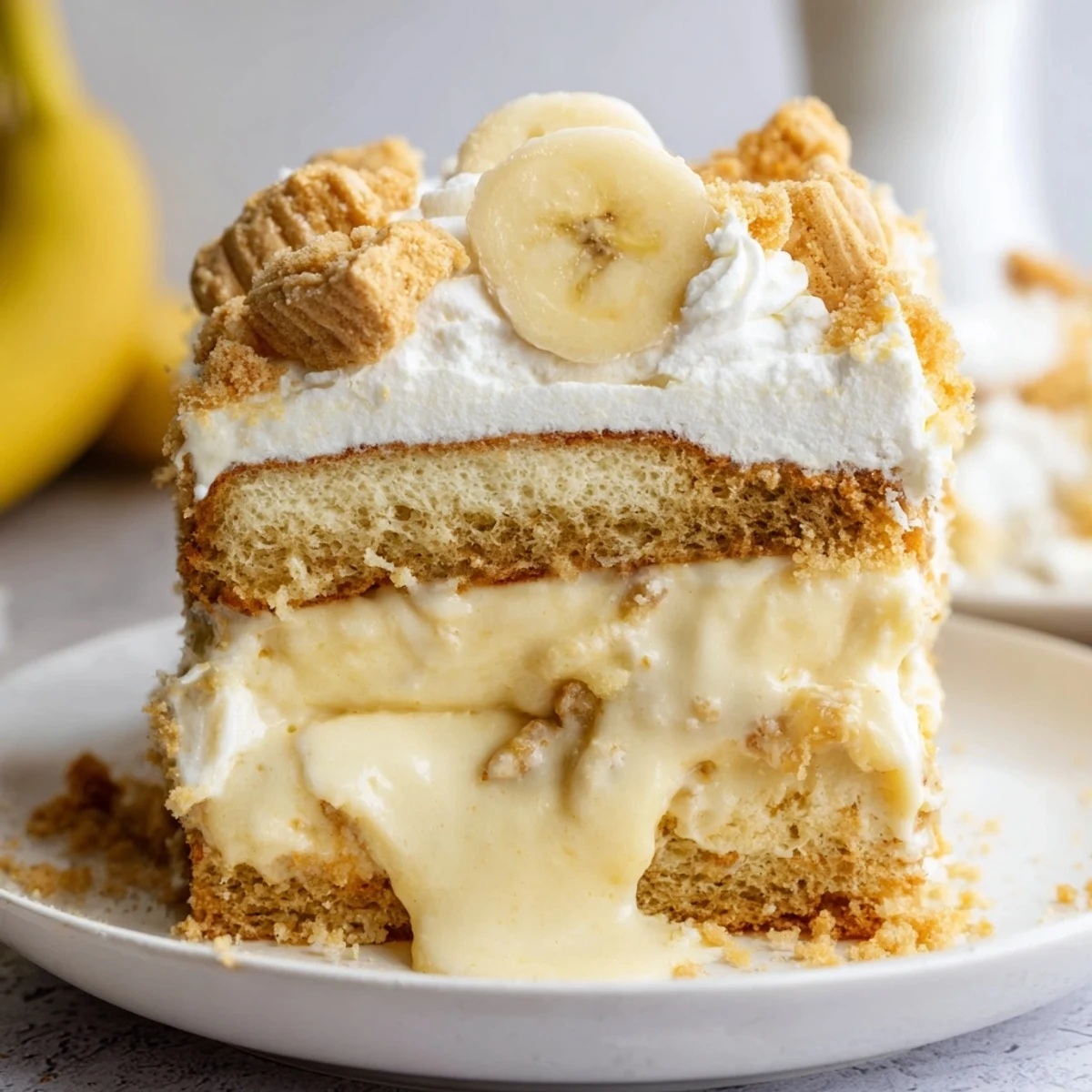 Homemade banana pudding cake showing golden layers sandwiching rich vanilla pudding and topped with fluffy whipped cream