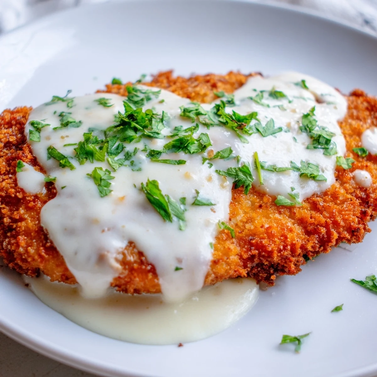 Golden brown crispy chicken breasts drizzled with rich velvety Parmesan cream sauce and fresh parsley garnish