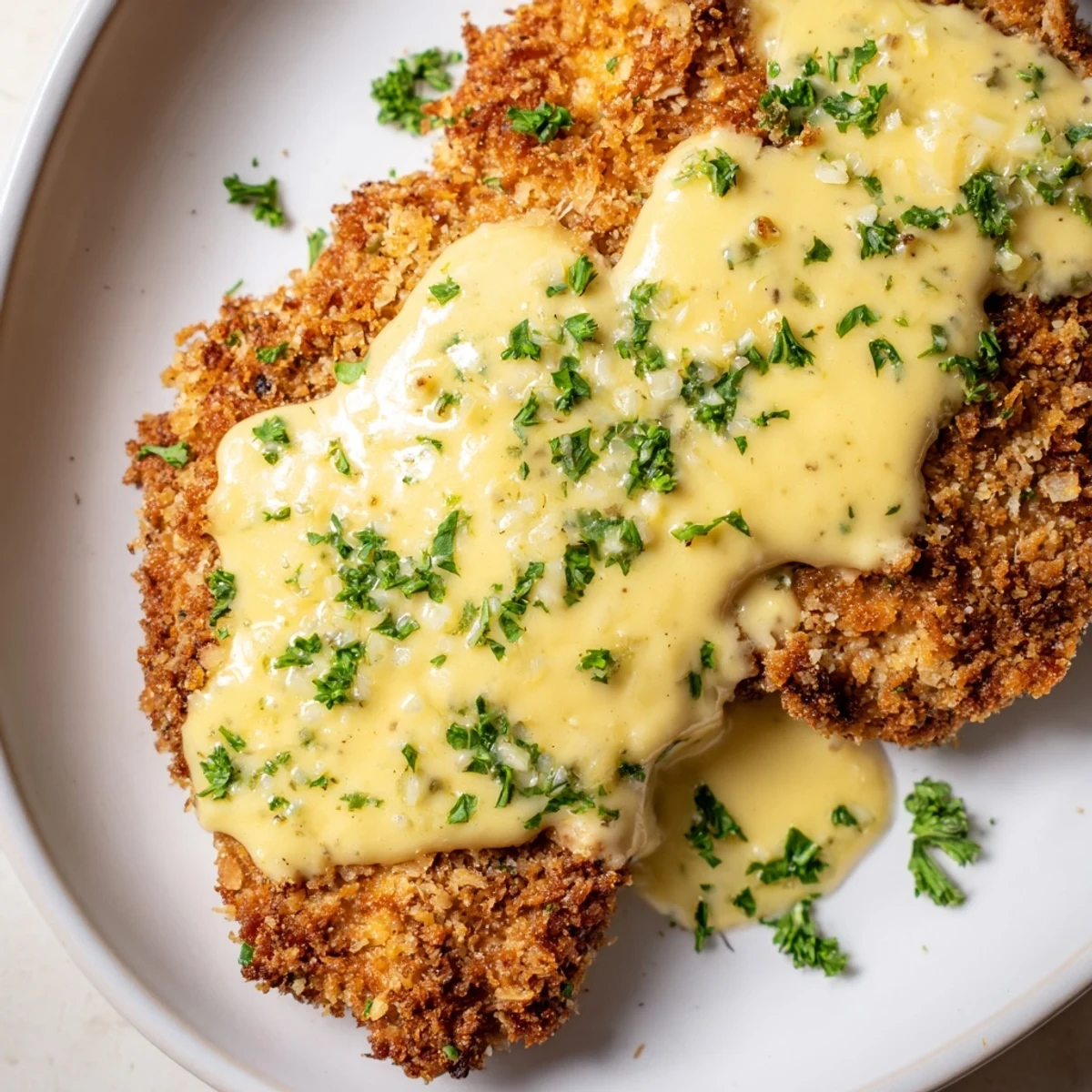 Pan-fried chicken with crunchy panko coating served swimming in a luxurious white cream sauce