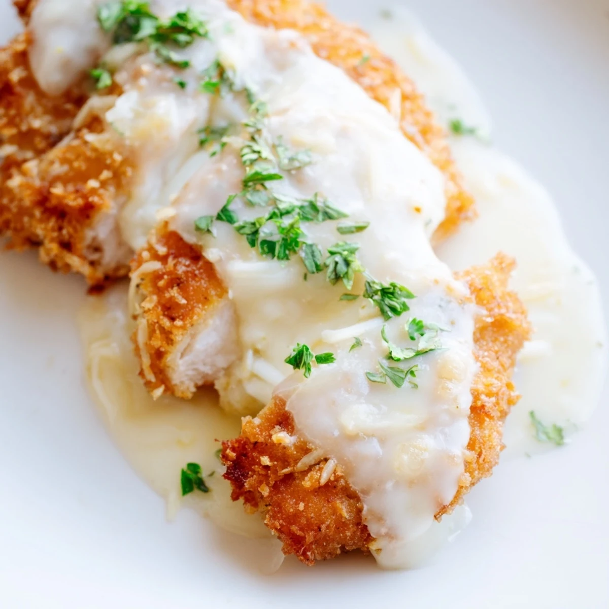 Crispy chicken cutlets topped with homemade garlic cream sauce on a white dinner plate