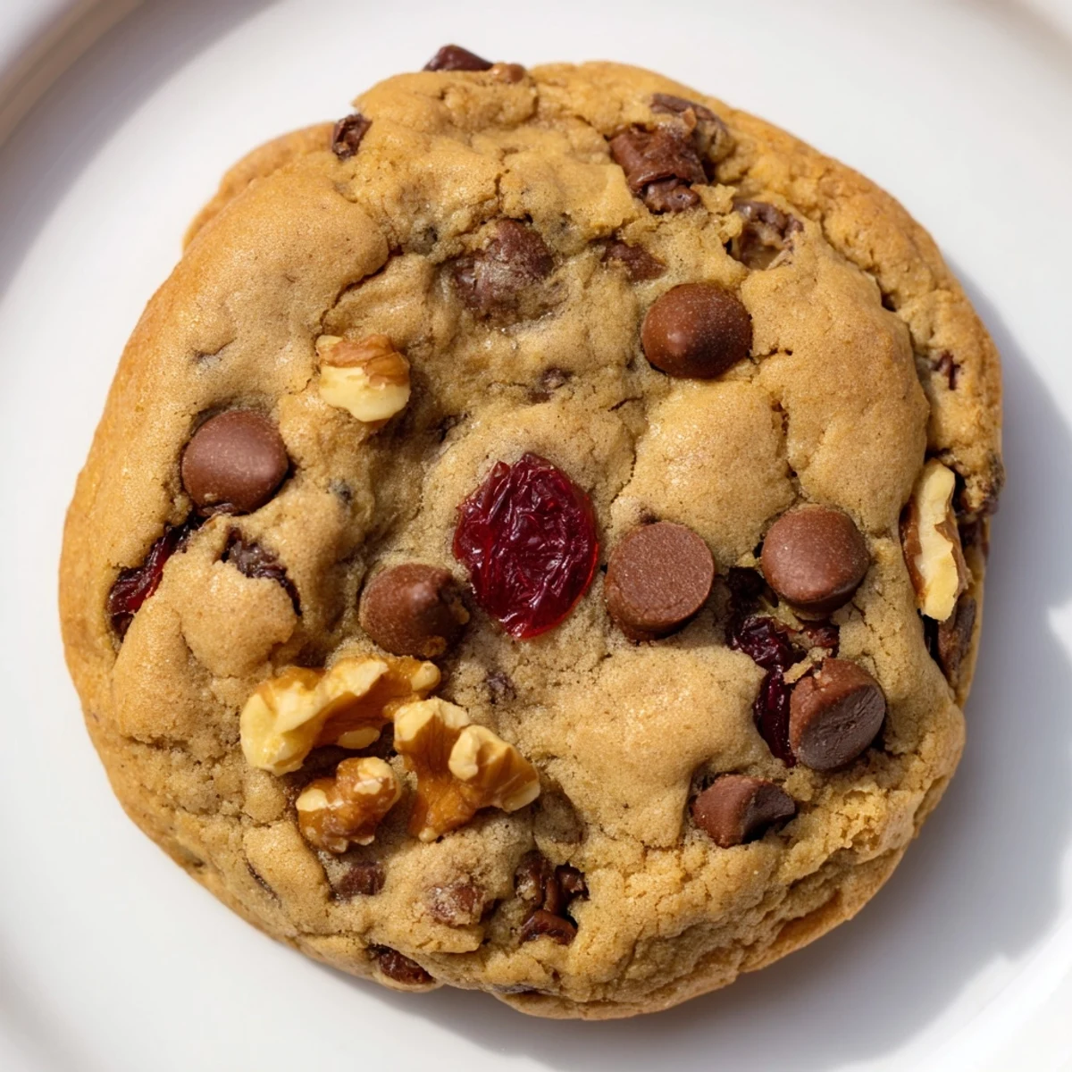 Soft baked maraschino cherry chocolate chip cookies scattered with bright red cherry pieces on a wooden board