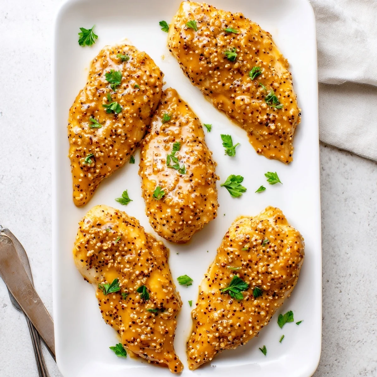 Golden oven baked honey mustard chicken breasts glazed with sweet tangy sauce and garnished with fresh parsley