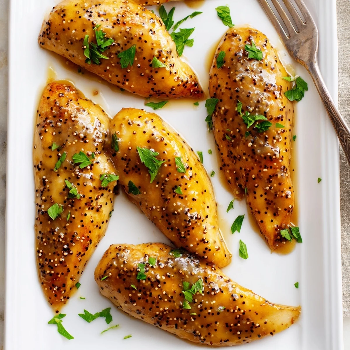 Juicy baked honey mustard chicken pieces coated in caramelized honey mustard glaze on a white serving plate