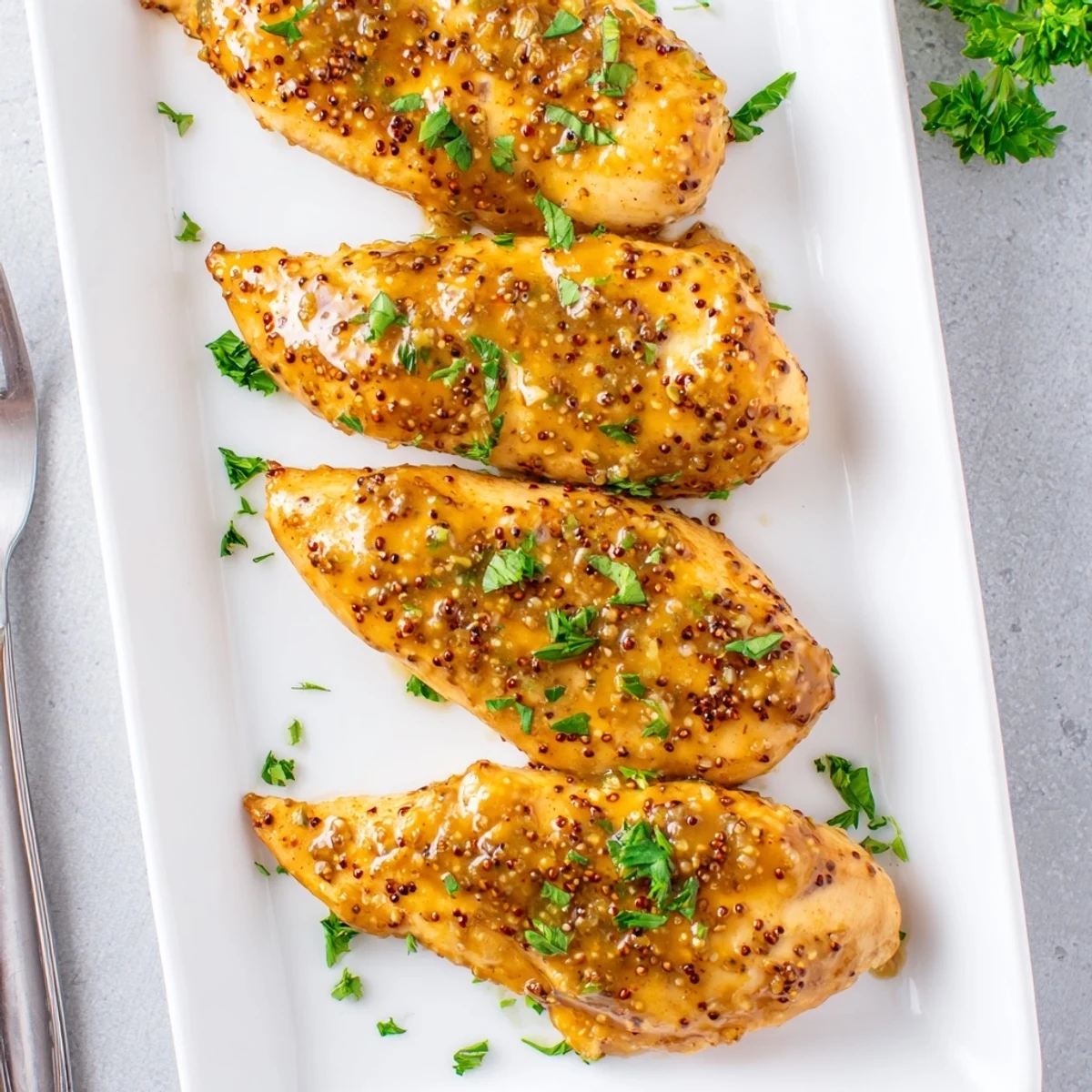 Succulent oven baked honey mustard chicken with crispy golden edges drizzled with thick honey mustard sauce