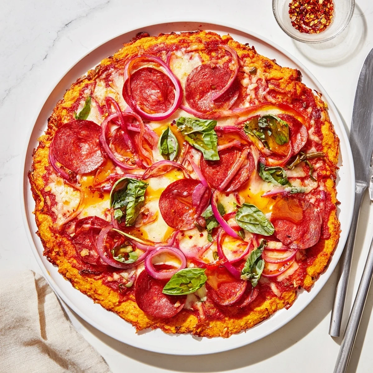 Golden sweet potato crust topped with bubbling mozzarella pepperoni and drizzled spicy hot honey