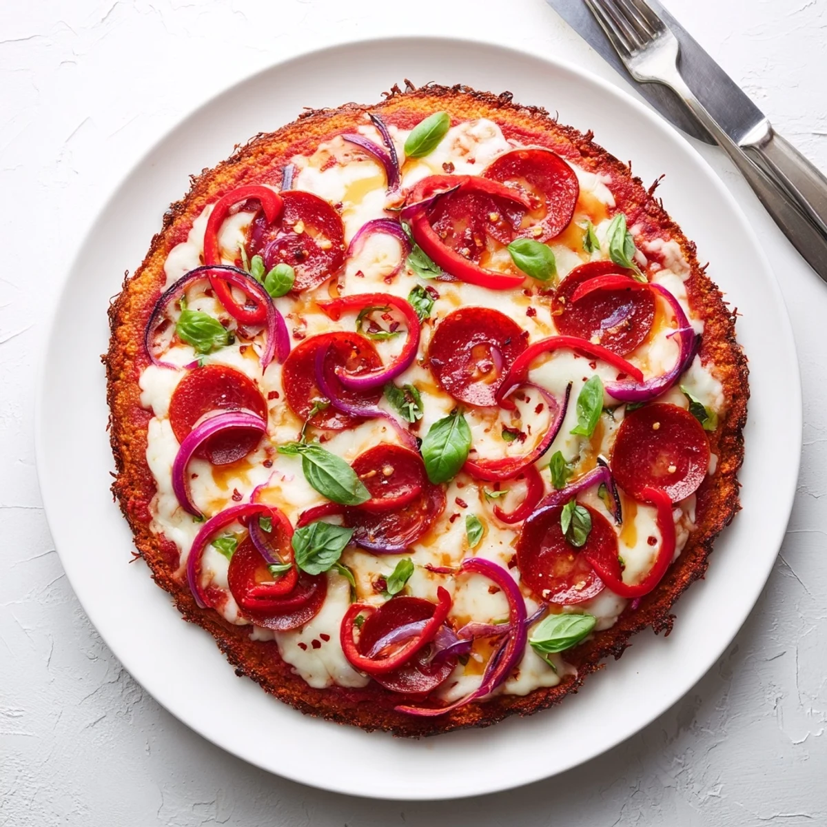 Gluten-free pepperoni hot honey pizza featuring crispy sweet potato base with melted cheese and red pepper flakes