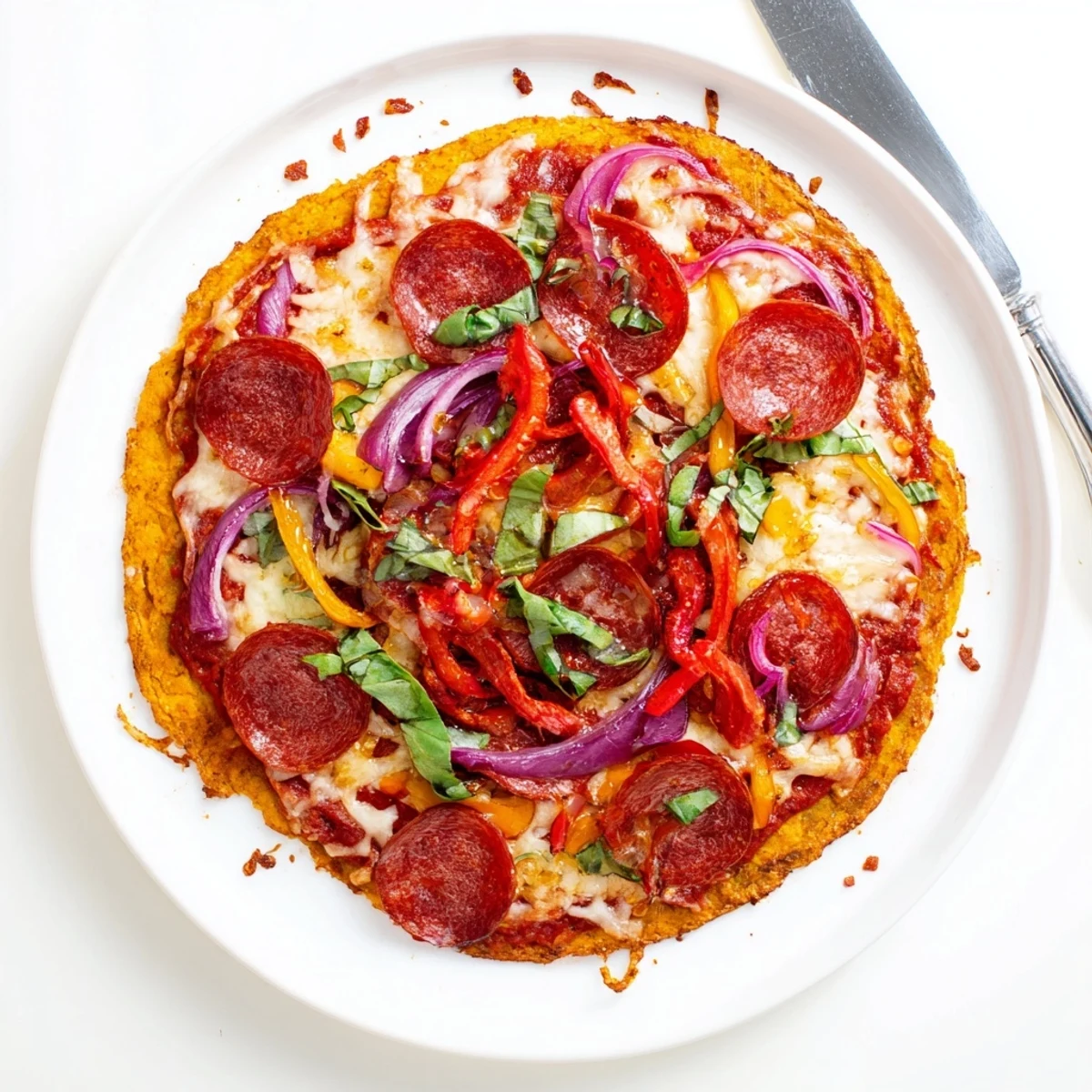 Sliced pepperoni hot honey pizza on sweet potato crust garnished with fresh basil and spicy honey glaze